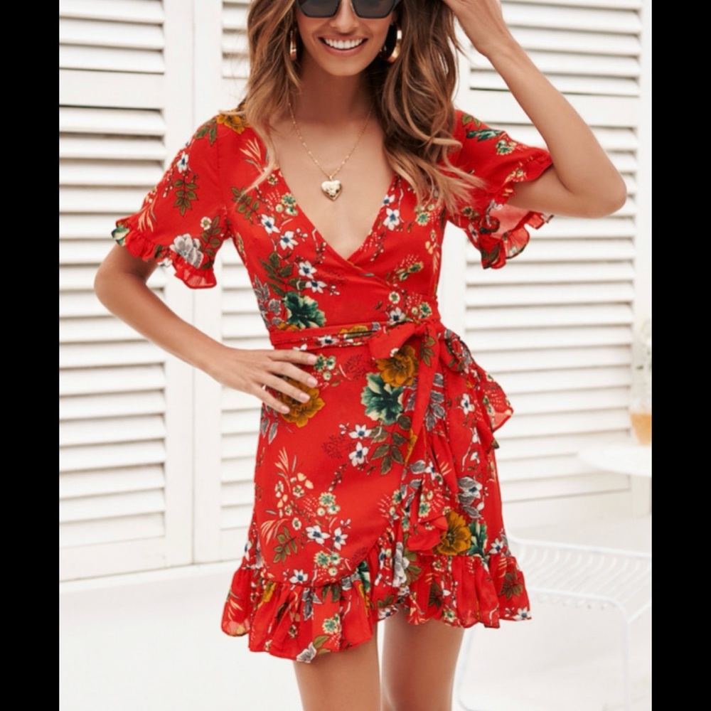 Red Floral Dress With Side Tie, AU Size 6 (US Size 2)